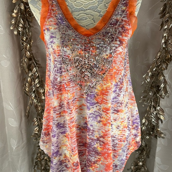 Faith Boho Beaded Sleeveless Tunic Top Medium Orange‎ Purple Tie Dye - Picture 3 of 10